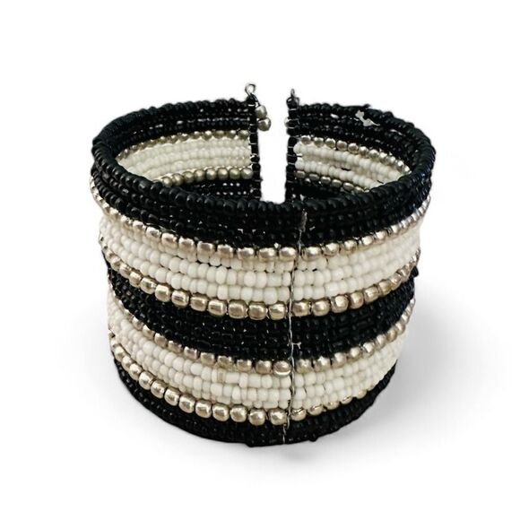 NWT Stephan & Co. Beaded Thick Cuff Bracelet Black White Silver Stripes - Picture 4 of 6